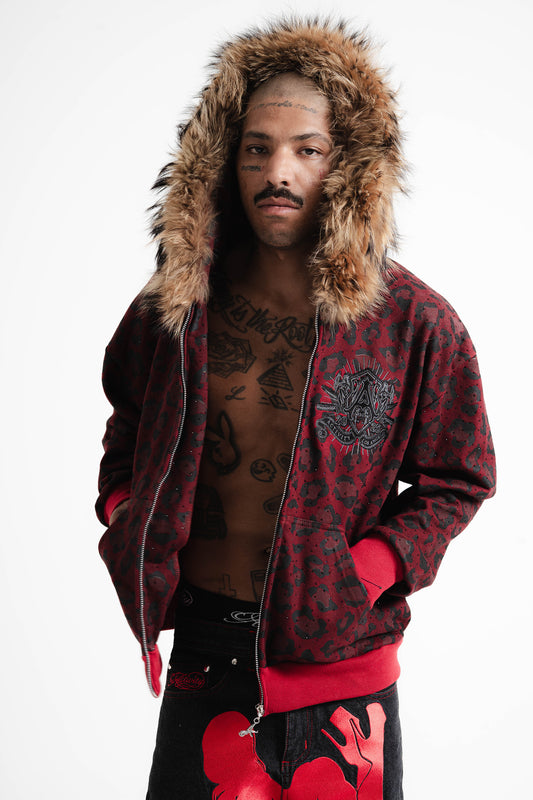 Leopard Fur Hoodie (Crimson)